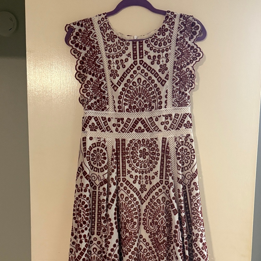 Chic White and Maroon Embroidered Dress